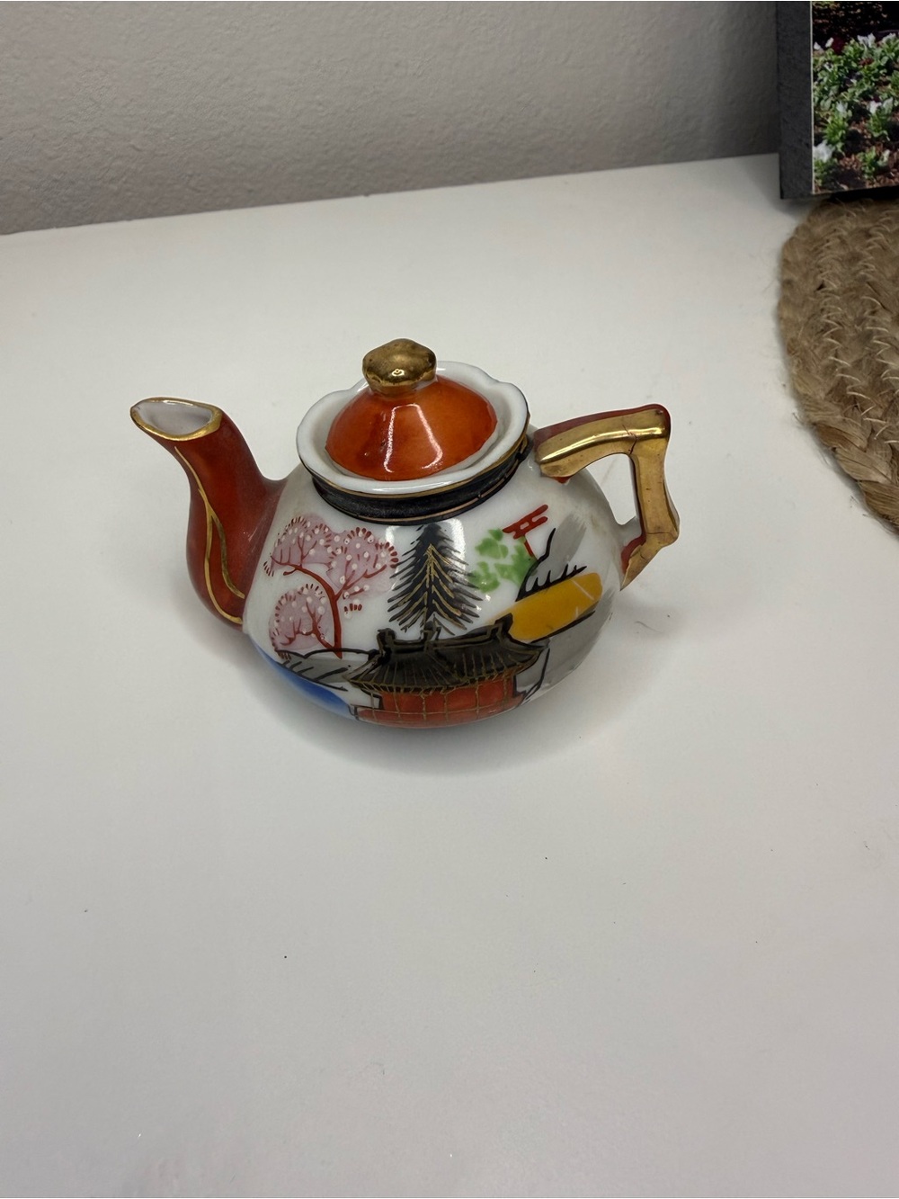 Vintage Japan Miniature Porcelain Teapot Hand Painted Asian Pagoda Gold Decor
